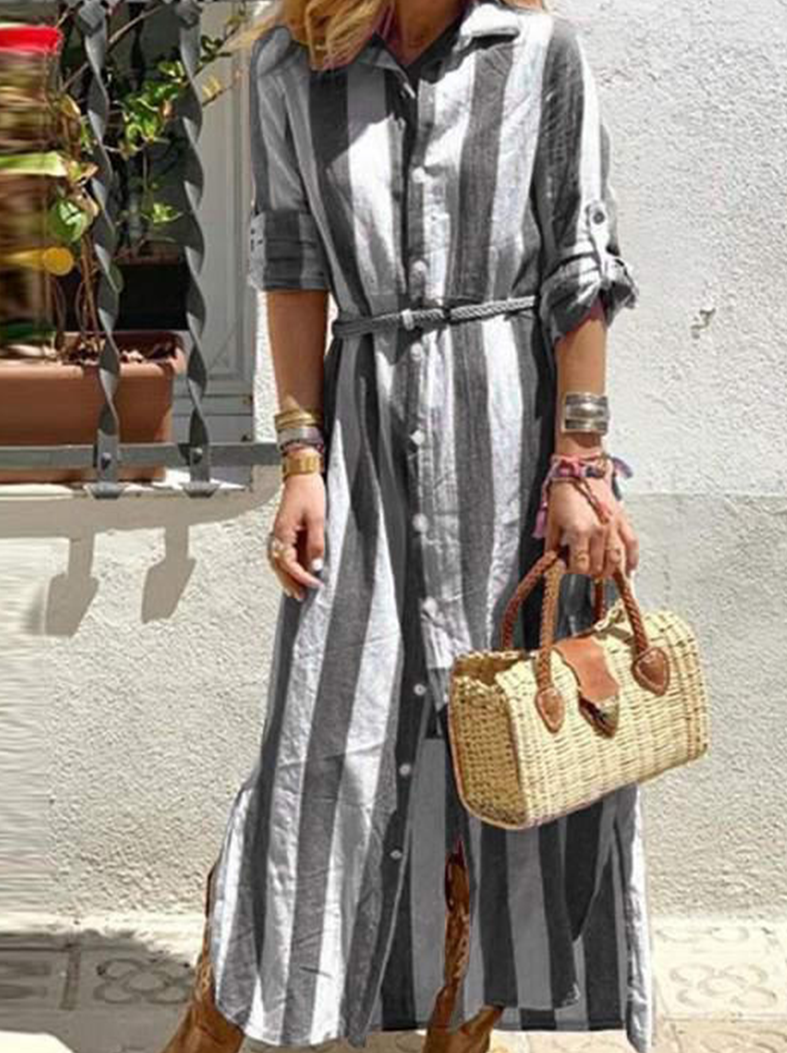 Street Striped Split Joint Turndown Collar Shirt Dress Maxi Dresses