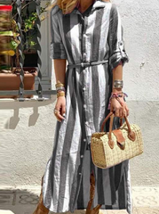 Street Striped Split Joint Turndown Collar Shirt Dress Maxi Dresses