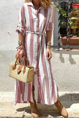 Street Striped Split Joint Turndown Collar Shirt Dress Maxi Dresses