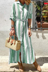 Street Striped Split Joint Turndown Collar Shirt Dress Maxi Dresses