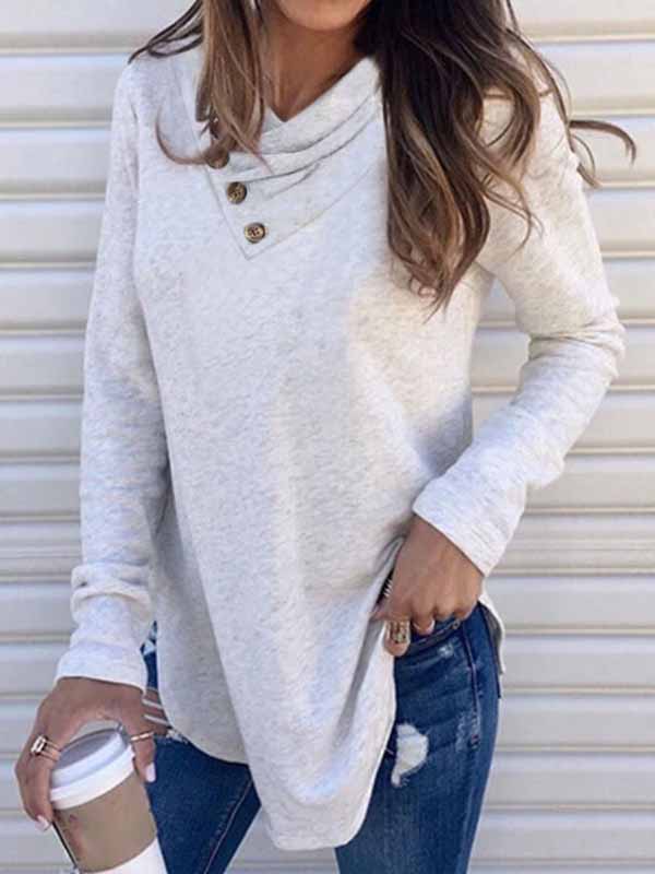 V neck button women plain long sleeve T-shirts