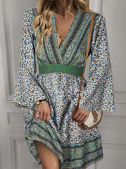 Sweet Elegant Print Patchwork V Neck A Line Dresses