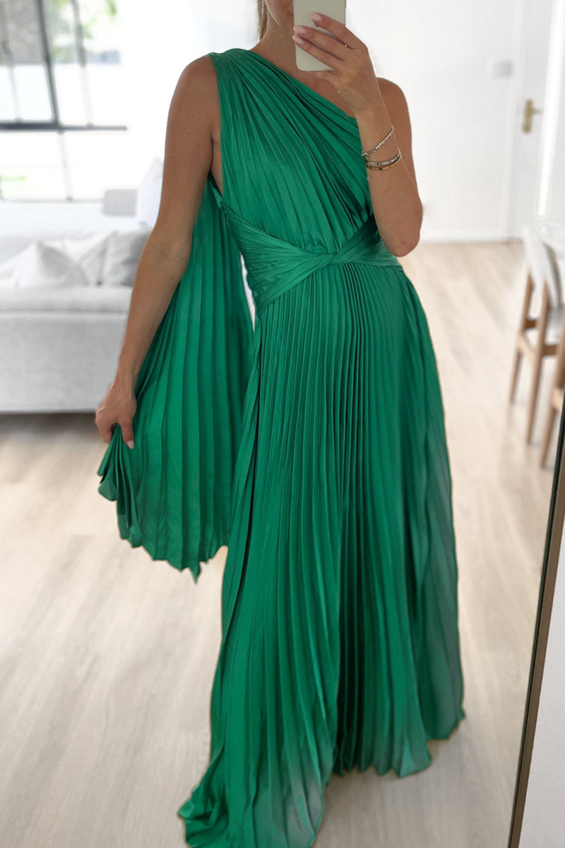 Sweet Elegant Solid Fold Oblique Collar A Line Maxi Dresses