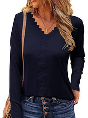 V neck lace design long sleeve T-shirts tops for women