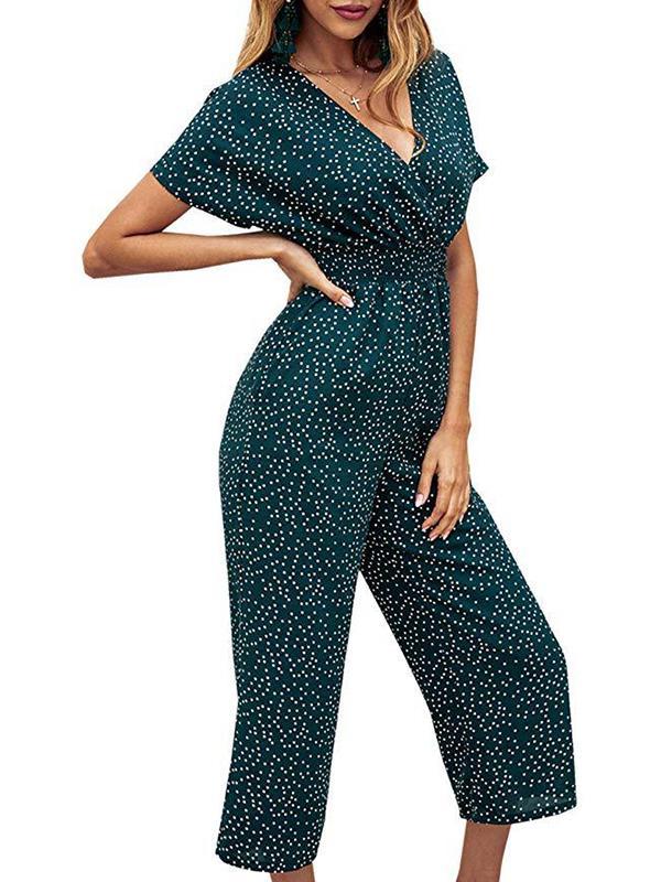 Fashion Wave Pot V Neck Short Sleeve Jumpsuits