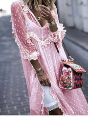 Stylish Casual Lace Gored V neck Long sleeve Maxi Dresses