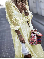Stylish Casual Lace Gored V neck Long sleeve Maxi Dresses