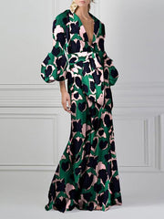 Floral print v-neck fashion maxi dresses