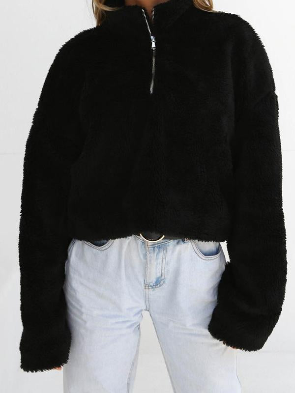 Thick High Neck Long Sleeve Fabric Surface Zipper Sweatshirts