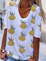 Summer women Pineapple printed u neck short sleeve T-shirts
