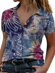 Summer Casual Printed lapel short sleeve loose shirt turn down neck blouse