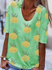 Summer women Pineapple printed u neck short sleeve T-shirts