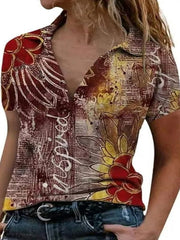 Summer Casual Printed lapel short sleeve loose shirt turn down neck blouse