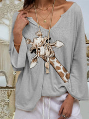 V neck Giraffe Printed Long Sleeve Fashion T-shirts for Spring
