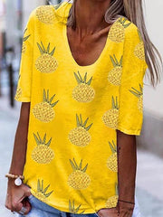 Summer women Pineapple printed u neck short sleeve T-shirts
