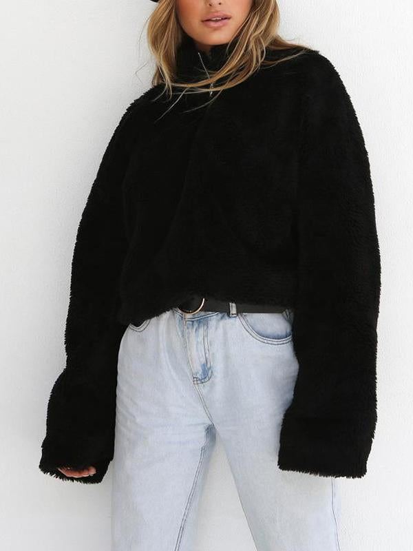 Thick High Neck Long Sleeve Fabric Surface Zipper Sweatshirts