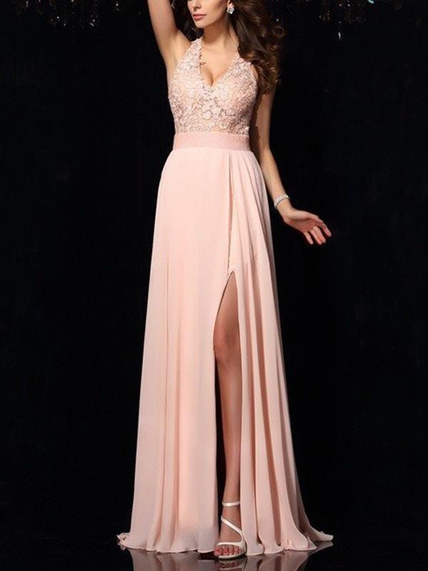 Lace hang band collar chiffon elegant long party  evening dresses