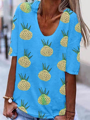 Summer women Pineapple printed u neck short sleeve T-shirts