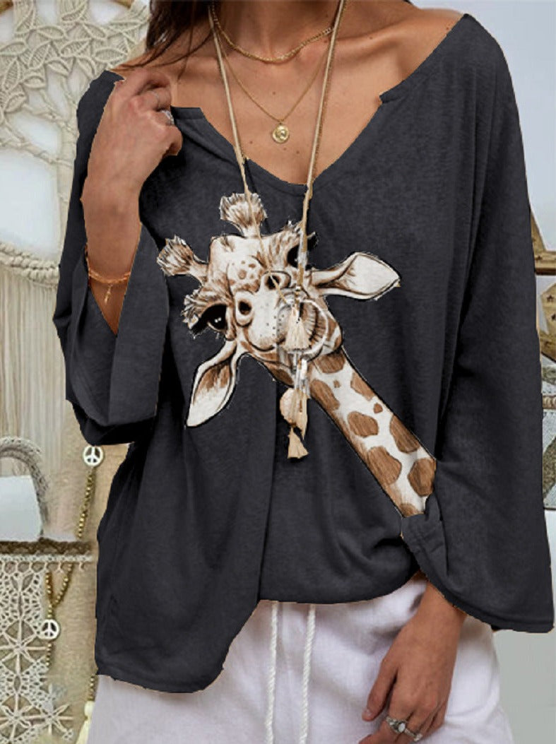 V neck Giraffe Printed Long Sleeve Fashion T-shirts for Spring