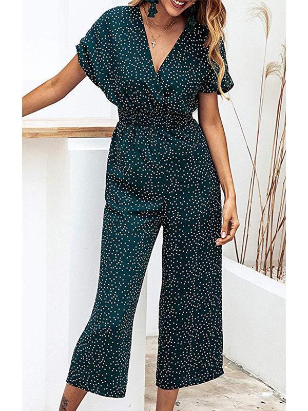 Fashion Wave Pot V Neck Short Sleeve Jumpsuits