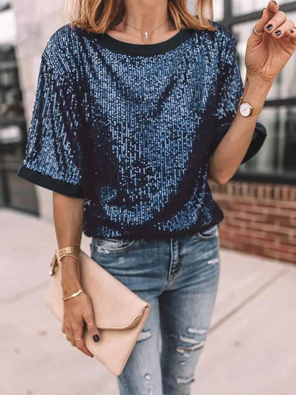 Summer patchwork short sleeve sequined top T-shirts