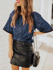 Summer patchwork short sleeve sequined top T-shirts