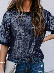Summer patchwork short sleeve sequined top T-shirts