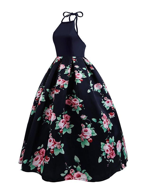 Floral Split-joint Backless Printing Maxi Dresses