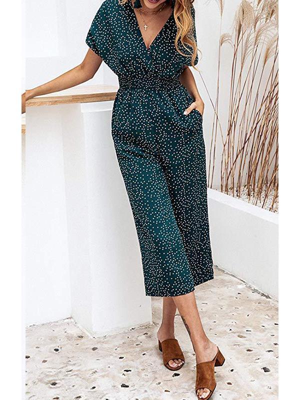 Fashion Wave Pot V Neck Short Sleeve Jumpsuits