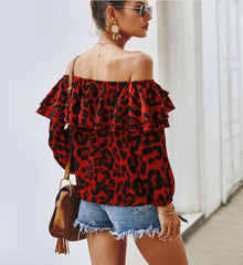 Stylish Leopard print One shoulder Long sleeve Falbala T-Shirts