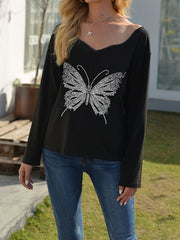Stylish butterfly printed bling black T-shirts