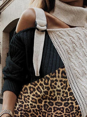 Stylish chic women high neck leopard printed long sleeve sweaters