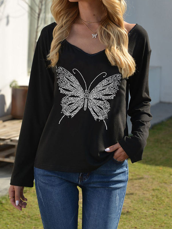 Stylish butterfly printed bling black T-shirts