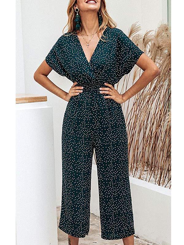 Fashion Wave Pot V Neck Short Sleeve Jumpsuits