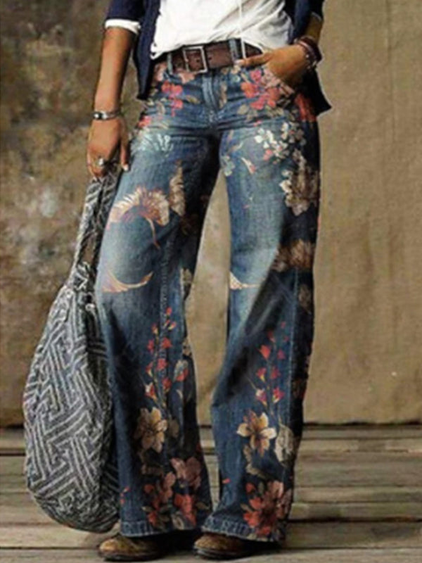 Stylish blue printed long jeans pants for women