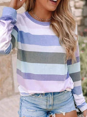Striped Long Sleeve Printed Crew Neck Tops
