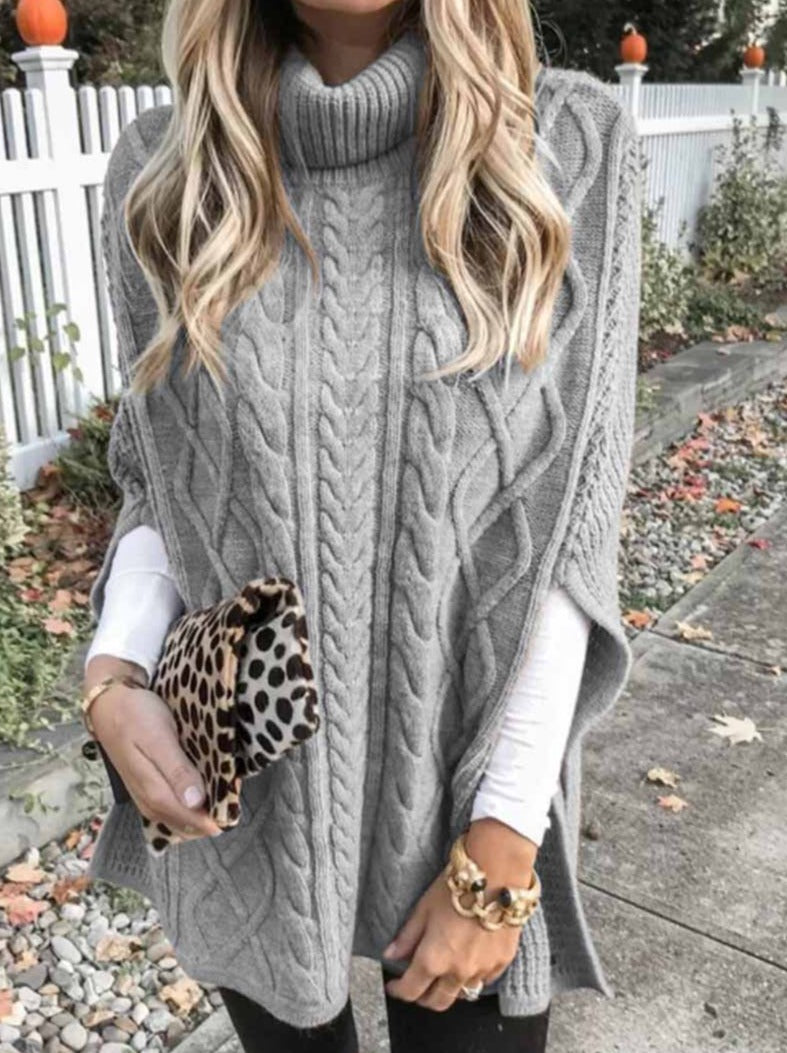 High Neck Loose Cable Knit Pattern Stitching Sweaters Tops