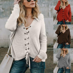 V Neck  Drawstring  Plain Sweaters