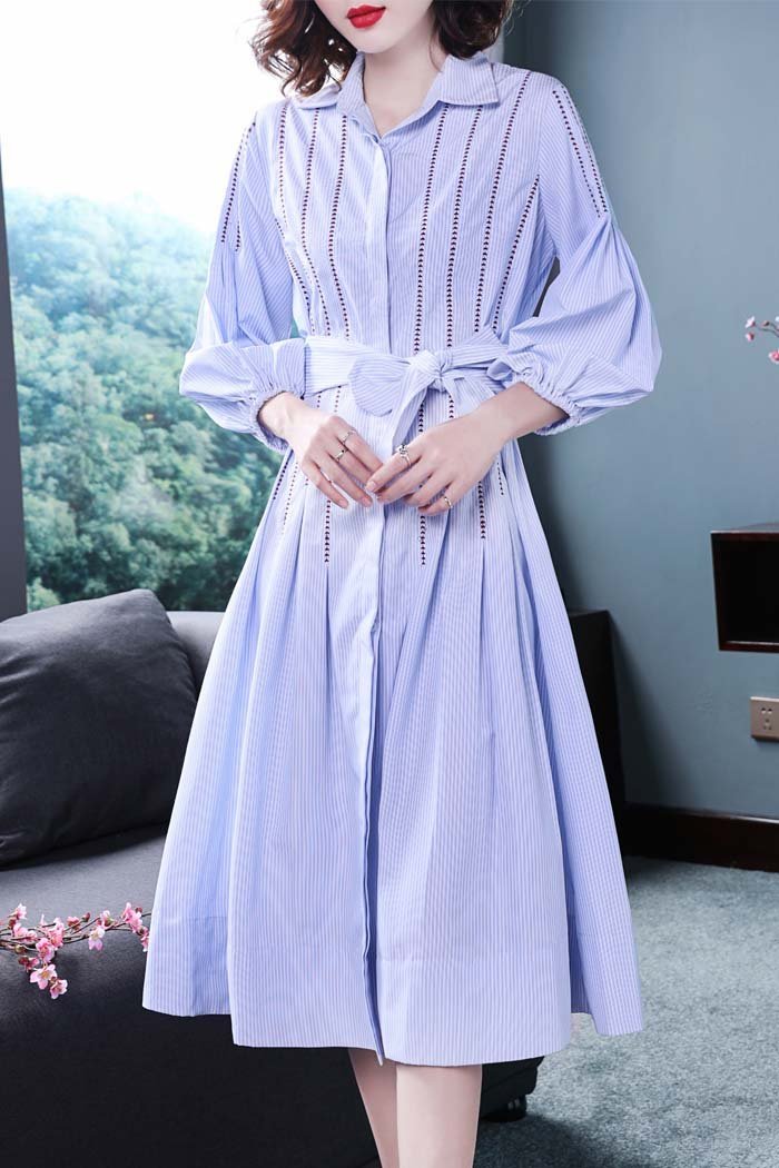 Stripe embroidered 3/4 sleeve hollow lantern sleeve A-line dress