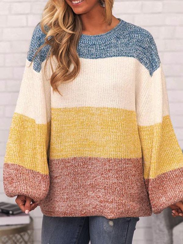 Loose Daily Long Sleeve Round Neck Colorful Stripe Sweaters