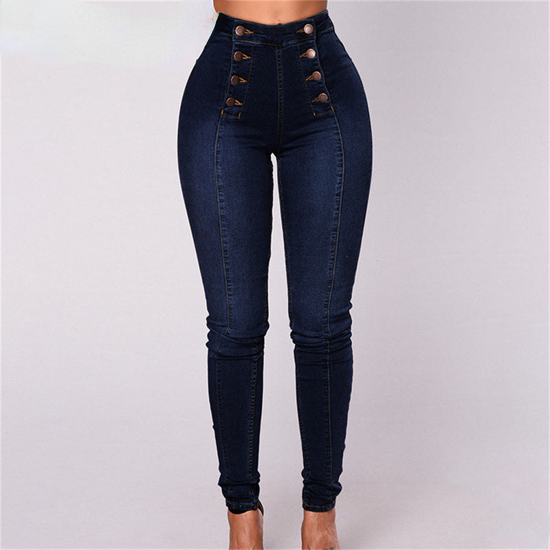 Vintage Skinny Double-Breasted High Waist Pencil Jeans Slim Fit Stretch Denim Pants Full Length Denim Tight