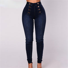 Vintage Skinny Double-Breasted High Waist Pencil Jeans Slim Fit Stretch Denim Pants Full Length Denim Tight