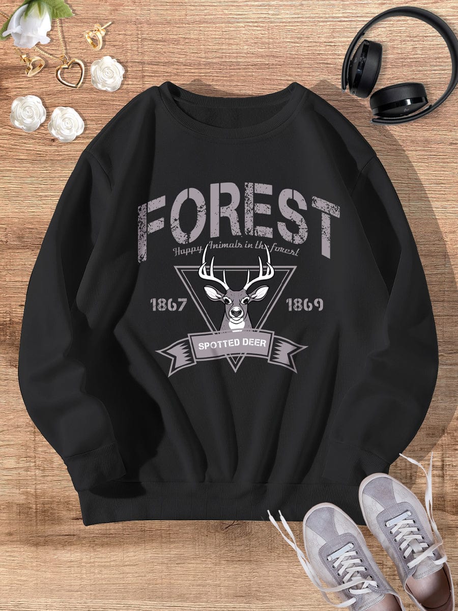 Black Retro Sika Deer Casual Fashion Winter Round Neck Long-sleeved Sweatshirt