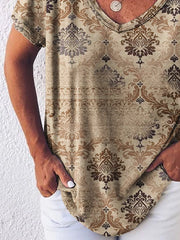 Geometric V Neck Short Sleeve Shirts & Tops