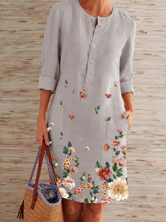 Gray Printed Floral Long Sleeve Midi Dresses