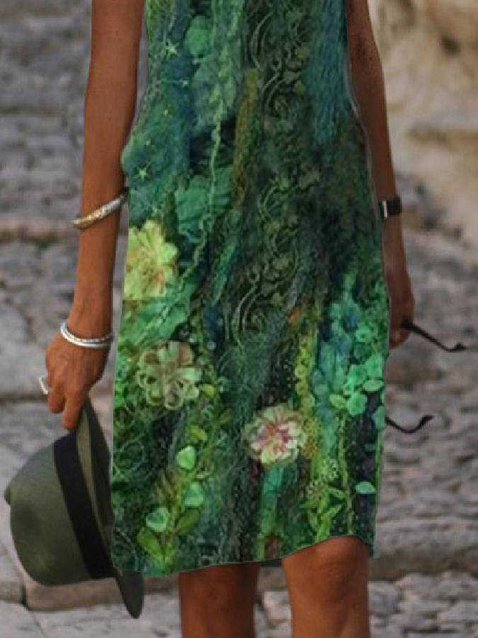 Green Sleeveless Floral Dresses