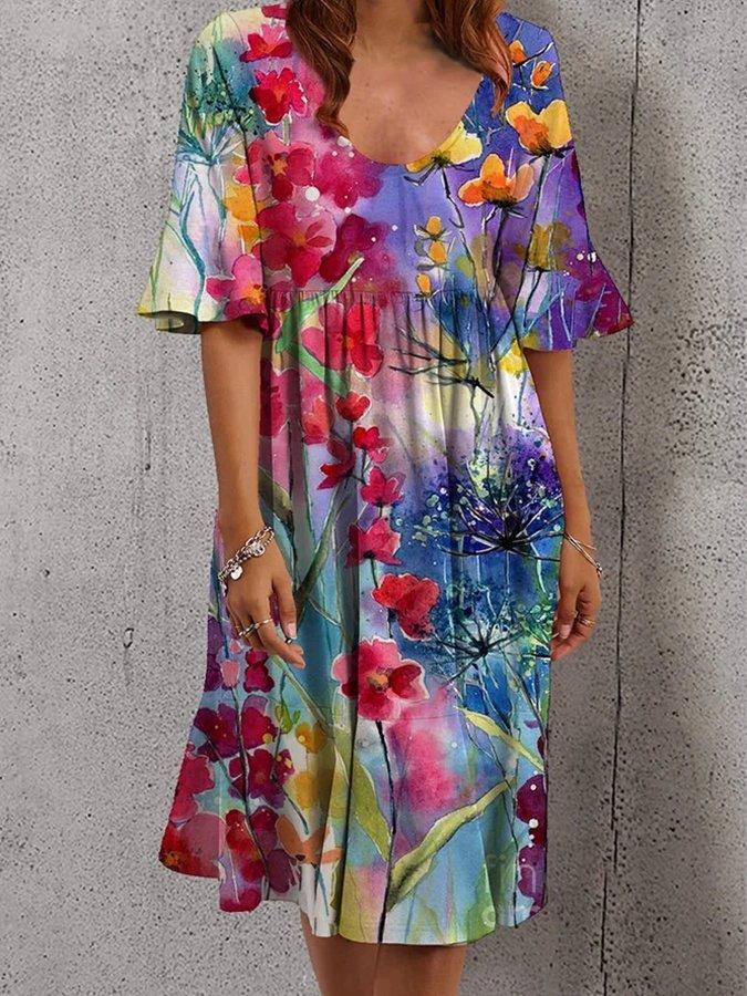 Flower Floral Short Sleeve Crew Neck Midi Dresses