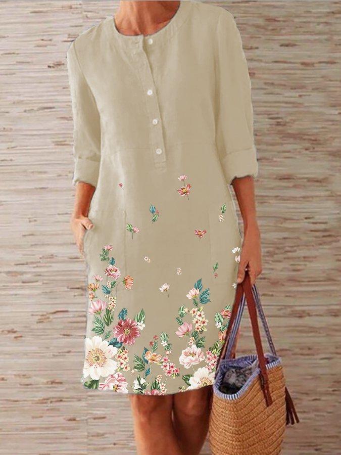 Gray Printed Floral Long Sleeve Midi Dresses