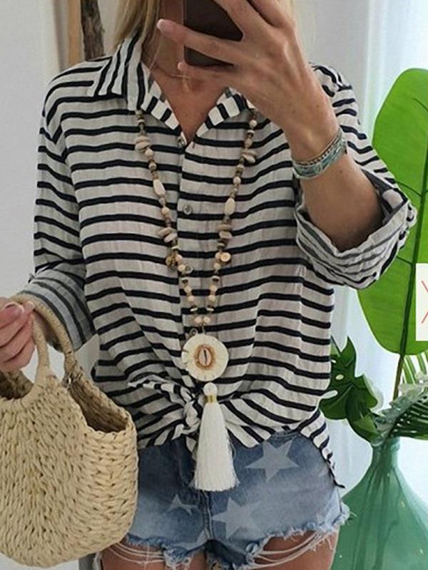 Turn down striped women loose summer Blouses