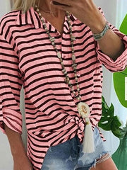 Turn down striped women loose summer Blouses